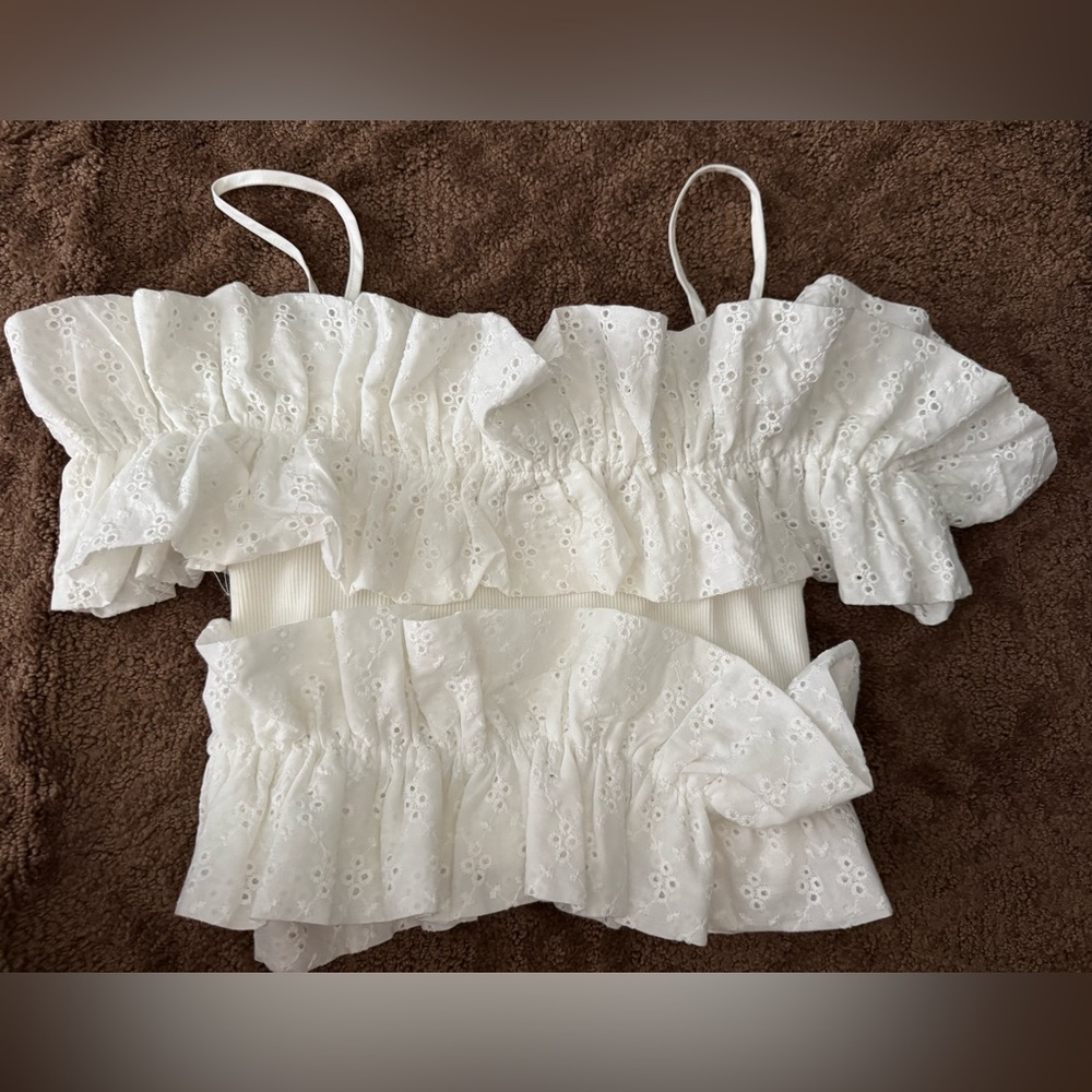 Zara White Eyelet Ruffle Top